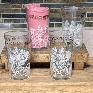 Federal Glass White Floral Gold Leaf 10oz Vintage Tumblers Set Of 4